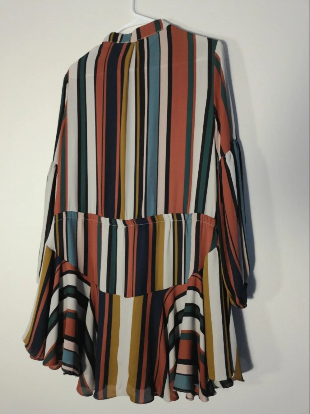 Olivaceous Multicolor Vertical-Strip Midi Skirt Dress with Waist Tie
